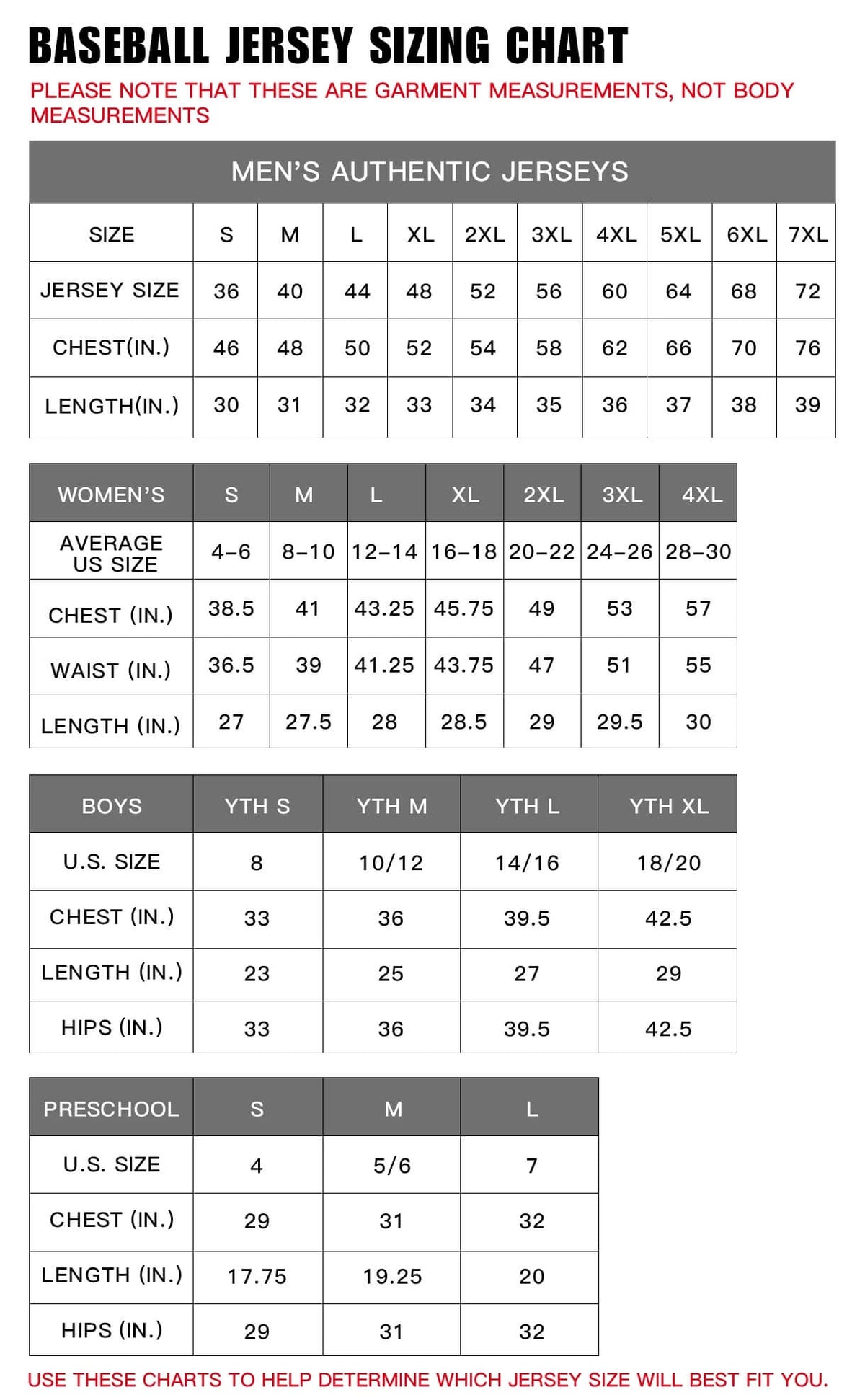 Softball Jersey Size Chart