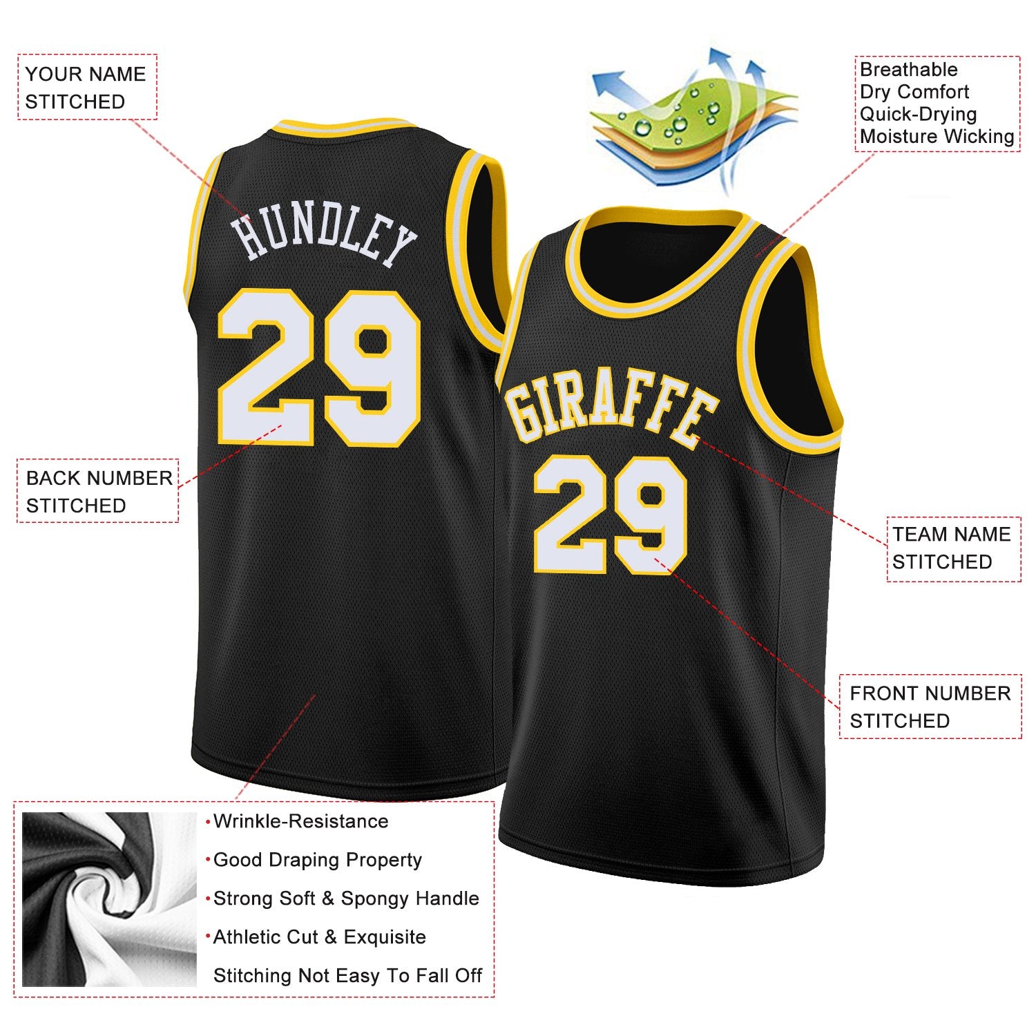 Custom Black White-Yellow Classic Tops Breathable Basketball Jersey