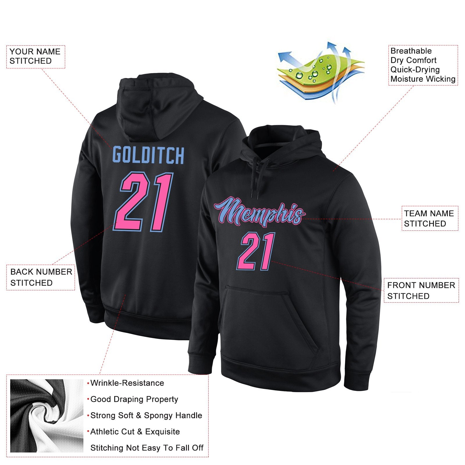 Custom Black Pink-Light Blue Classic Style Uniform Pullover Fashion Hoodie
