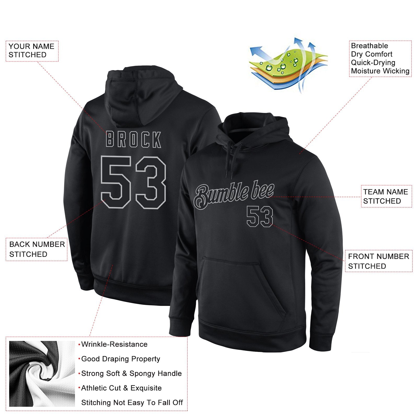 Custom Black Gray Sports Classic Style Uniform Pullover Fashion Hoodie