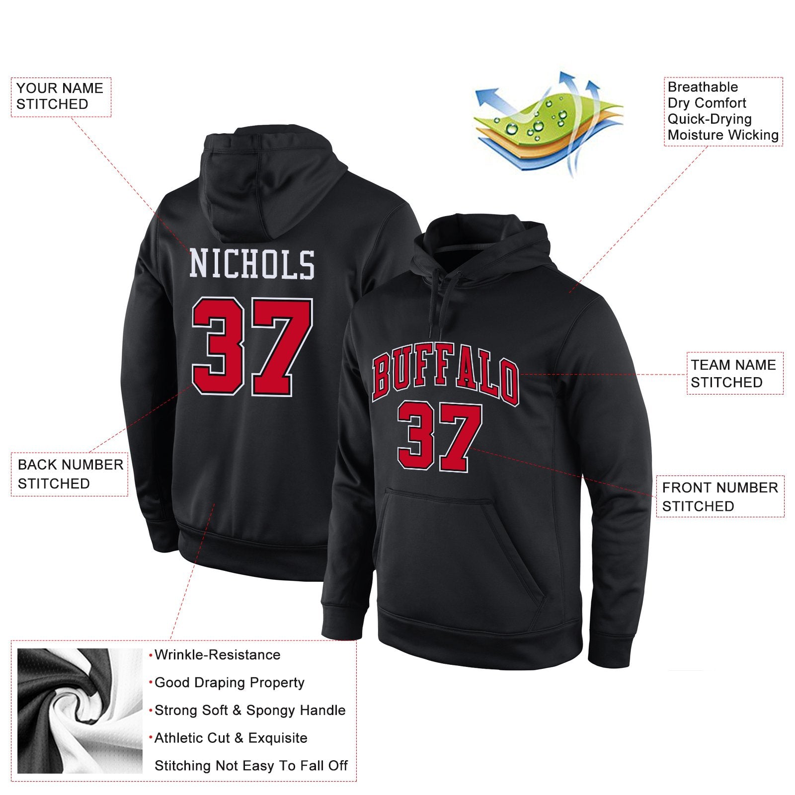 Custom Black Red-White Classic Style Uniform Pullover Fashion Hoodie