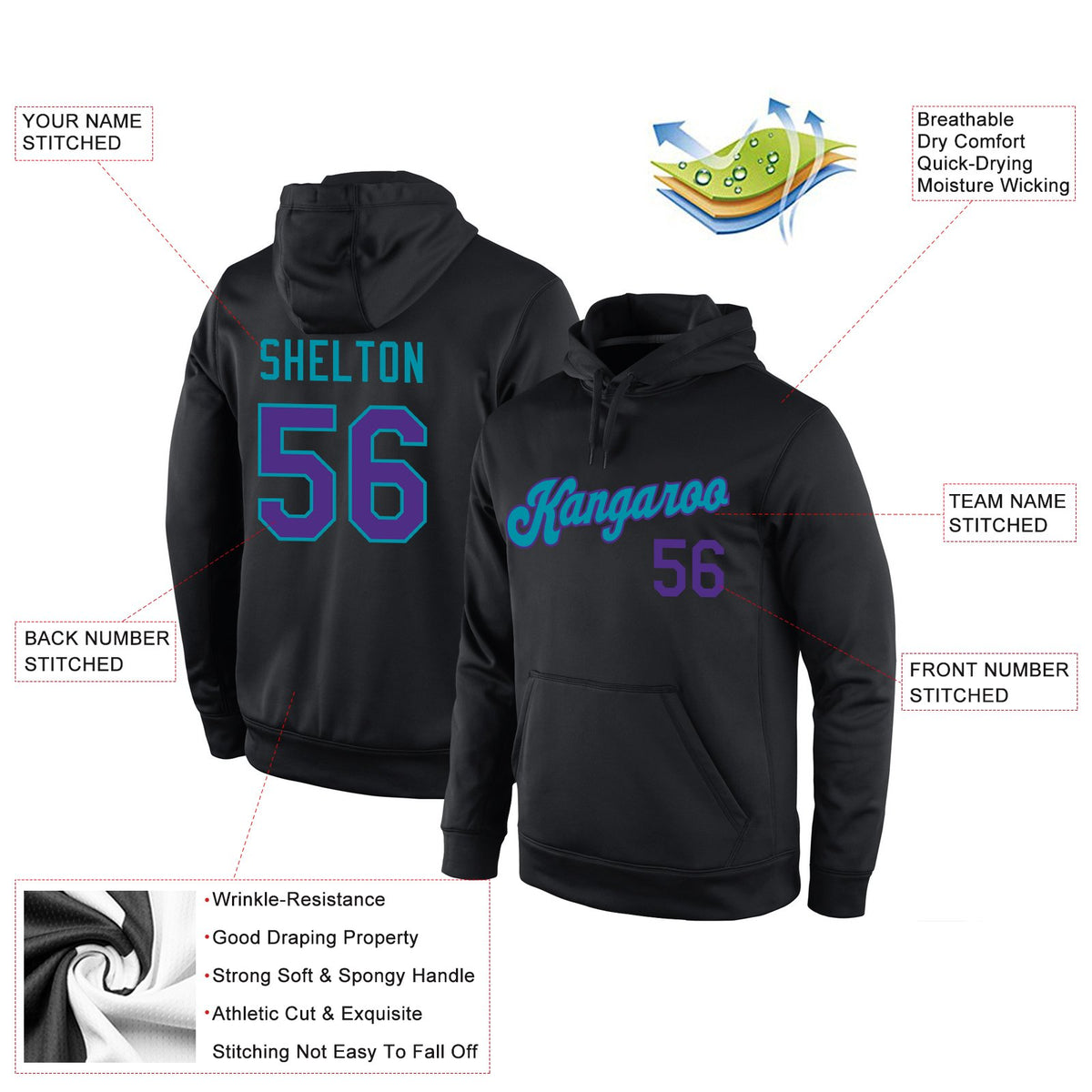 Custom Black Purple-Teal Classic Style Uniform Pullover Fashion Hoodie