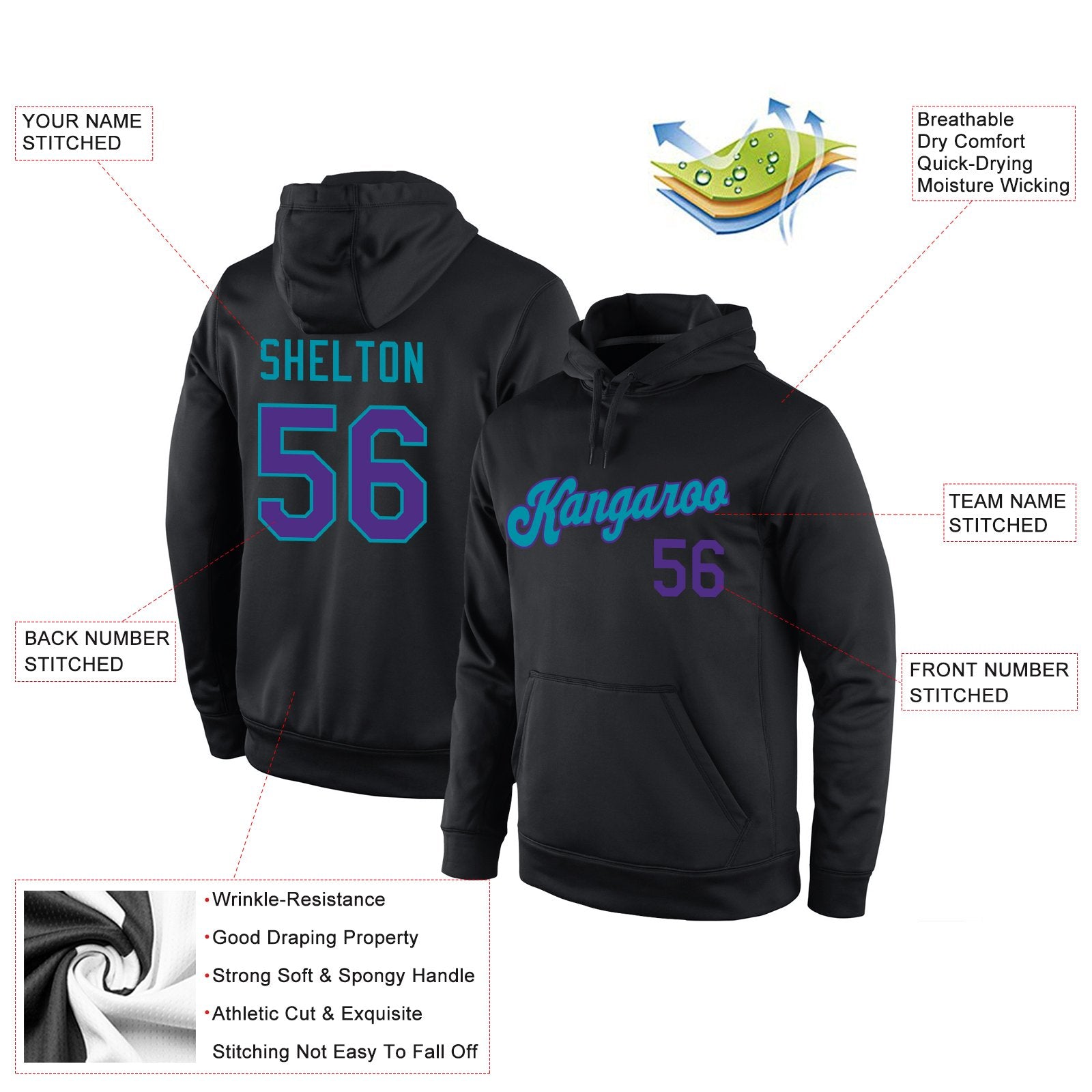 Custom Black Purple-Teal Classic Style Uniform Pullover Fashion Hoodie
