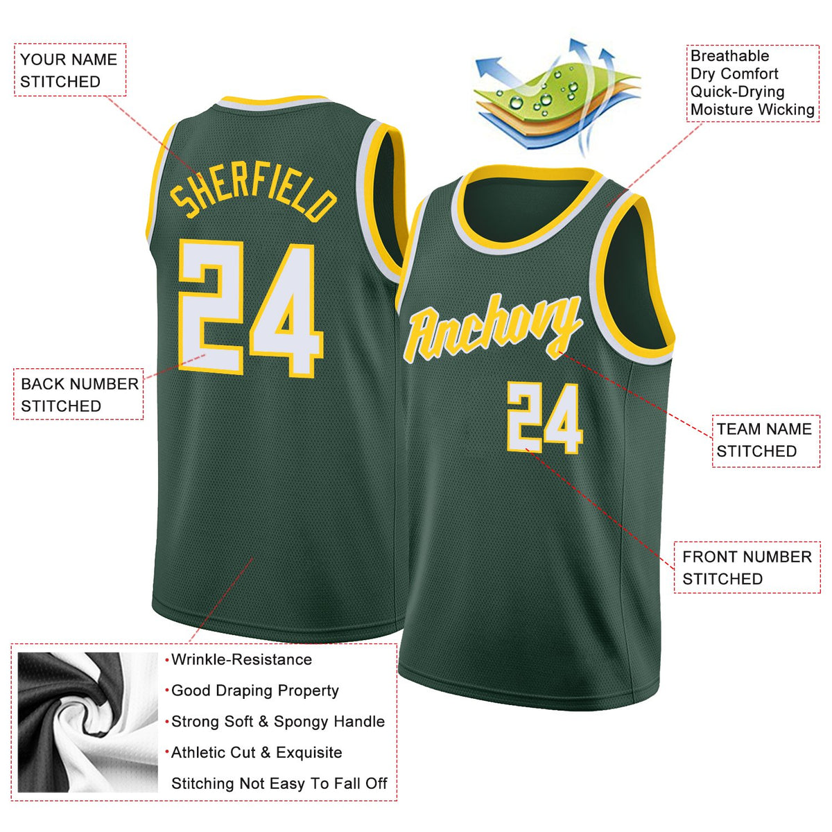 Custom Hunter Green White-Yellow Classic Tops Athletic Casual Basketball Jersey