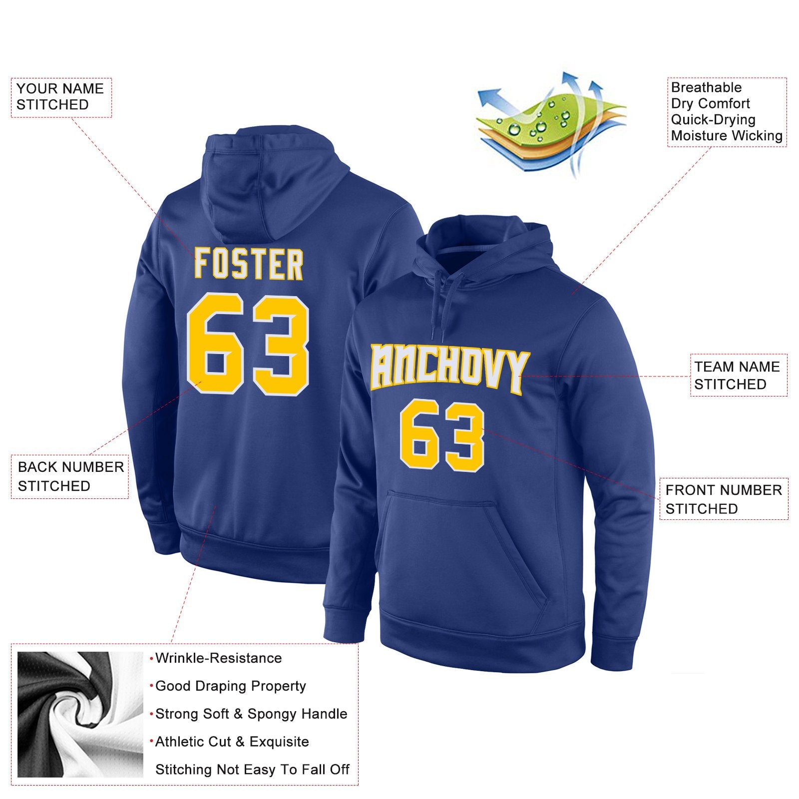 Custom Royal Yellow White Classic Style Uniform Pullover Fashion Hoodie