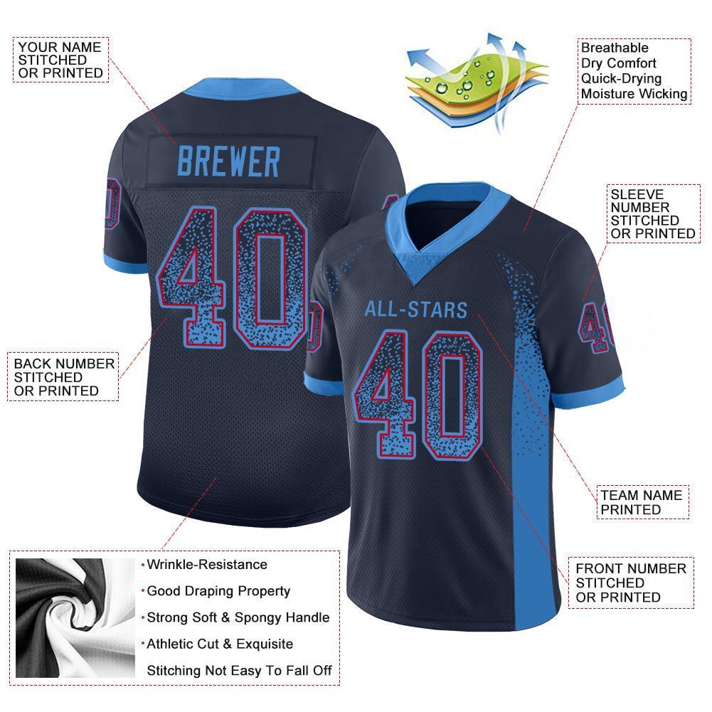 Custom Navy Powder Blue-Red Drift Fashion Mesh Authentic Football Jersey